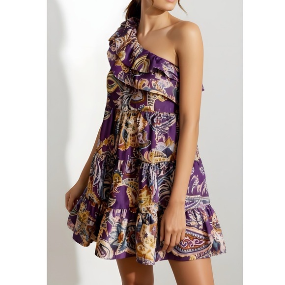 SÉZANE Leanore One Shoulder Mini Dress Purple Soffi Print FR36/US4